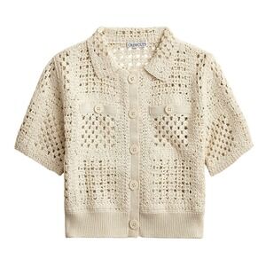 Crewcuts Girls' Short-Sleeve Crochet Button-up Shirt Large (10-11) / Women's XS
